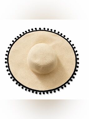 J. Crew Beige Straw Sun Hat with Black Pom Trim